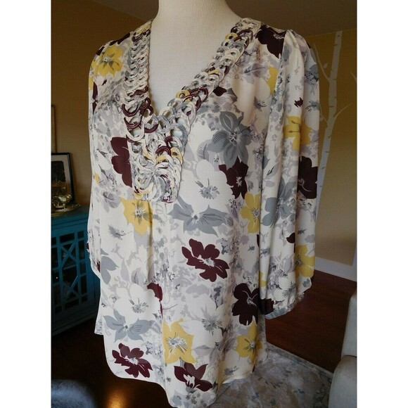Gorgeous JOIE 100% Silk Floral Print Popover Braided Neck Blouse XS EXCELLENT!!! - Picture 3 of 8